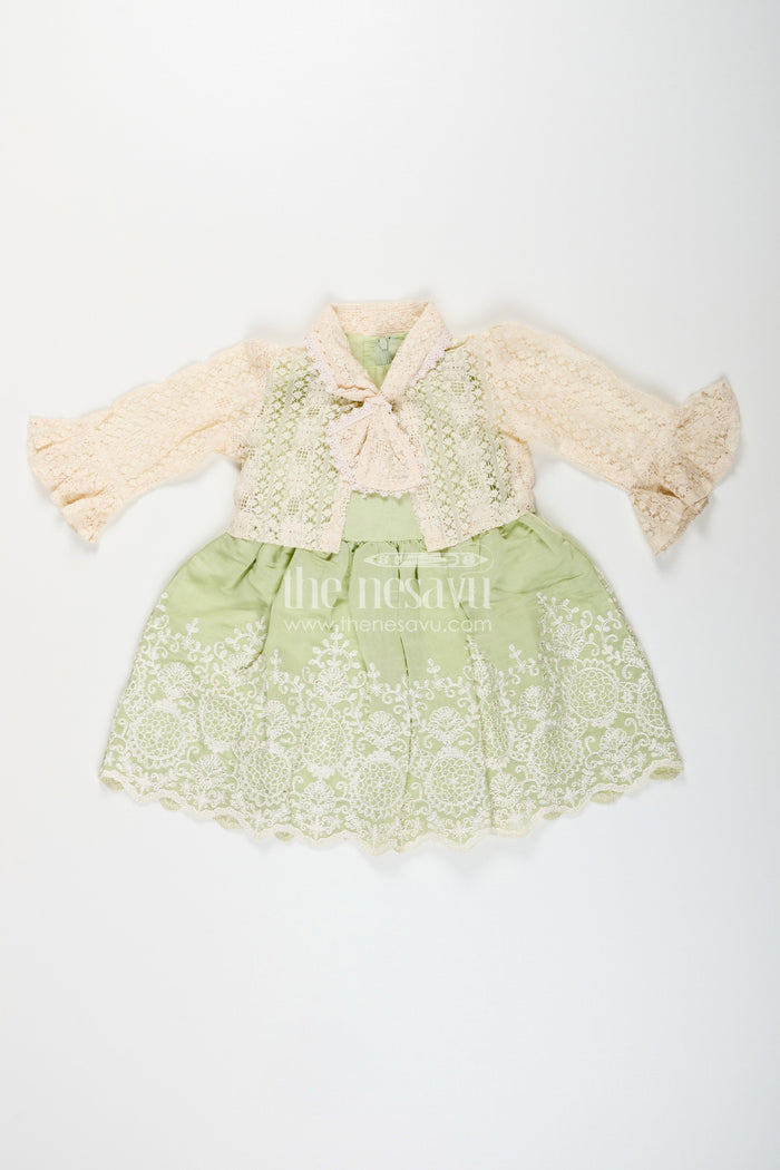 The Nesavu Girls Fancy Frock Girls frock with cotton thread embroidery and detachable lace coat Nesavu Nesavu embroidered frock detachable lace coat  fancy party wear girls