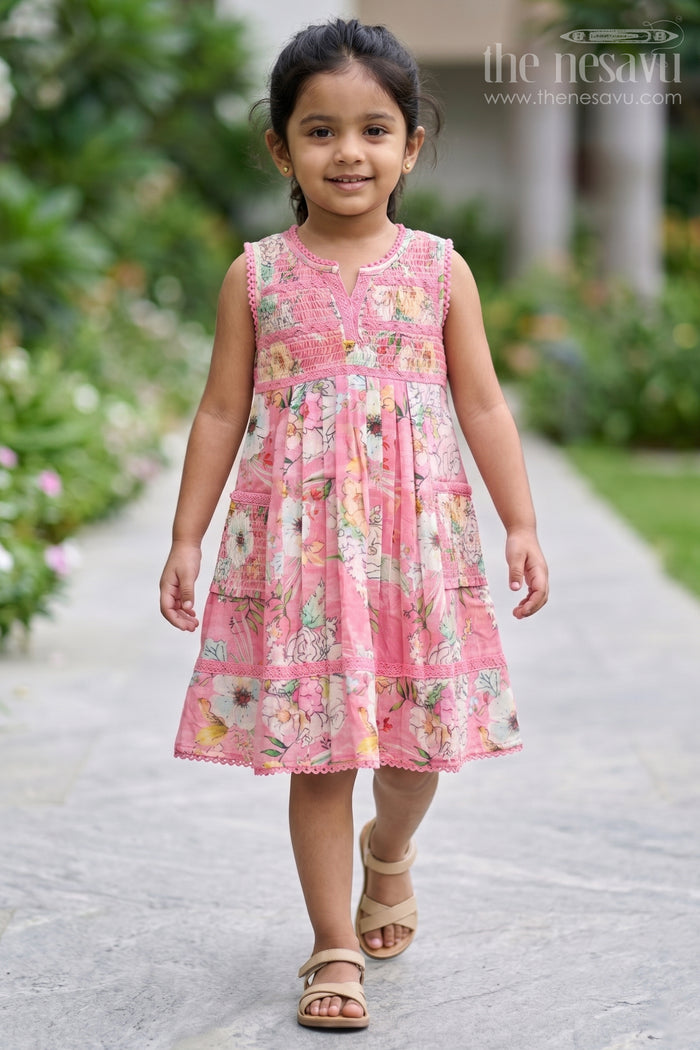The Nesavu Girls Cotton Frock Girls Frock with Flowers in Soft Cotton Featuring Delicate Smocking and Pleated Detailing Nesavu 22 (4Y) / Pink GFC1632A-22 Girls Frock Flowers Soft Cotton Smocking Elegant Pleats | The Nesavu