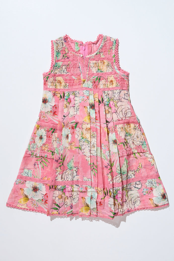 The Nesavu Girls Cotton Frock Girls Frock with Flowers in Soft Cotton Featuring Delicate Smocking and Pleated Detailing Nesavu 22 (4Y) / Pink GFC1632A-22 Nesavu Girls Frock Flowers Soft Cotton Smocking Elegant Pleats