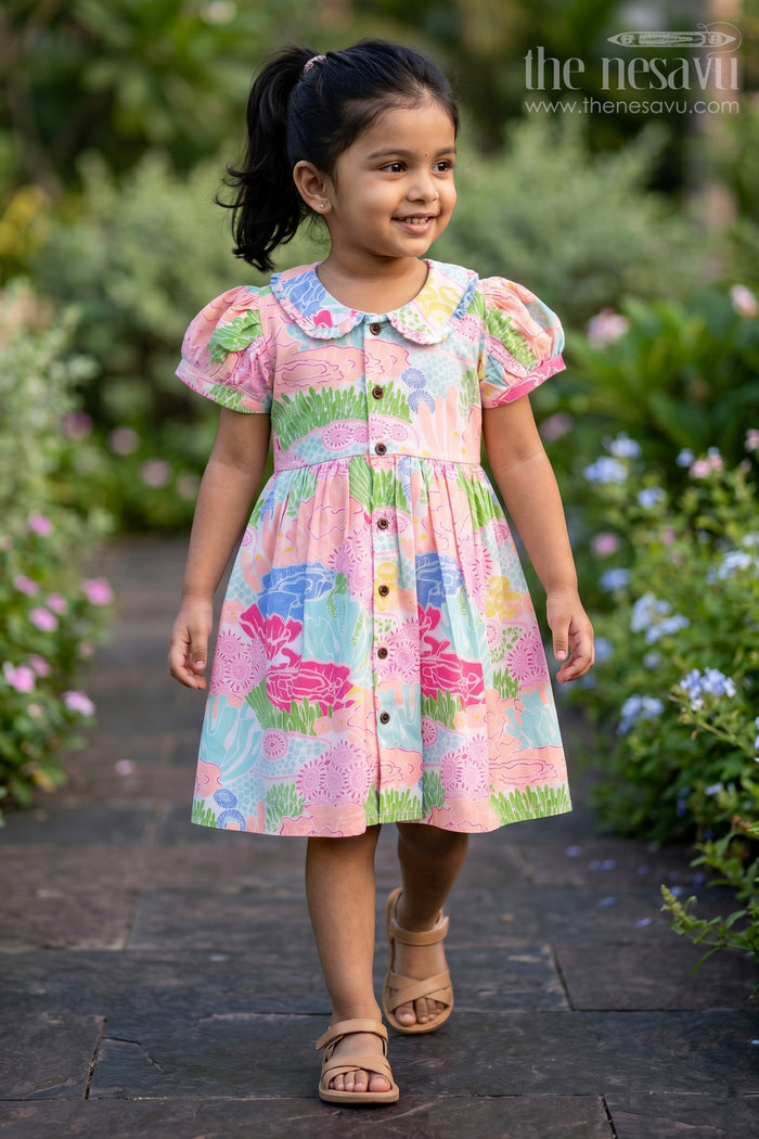 The Nesavu Girls Cotton Frock Girls Frocks Cotton Dress with Bright Digital Print and Colorful Ruffle Collar for Everyday Style Nesavu 18 (2Y) / Cream GFC1708A-18 Girls Cotton Frock Vibrant Digital Prints Puff Sleeves Comfortable Everyday Fashion | The Nesavu