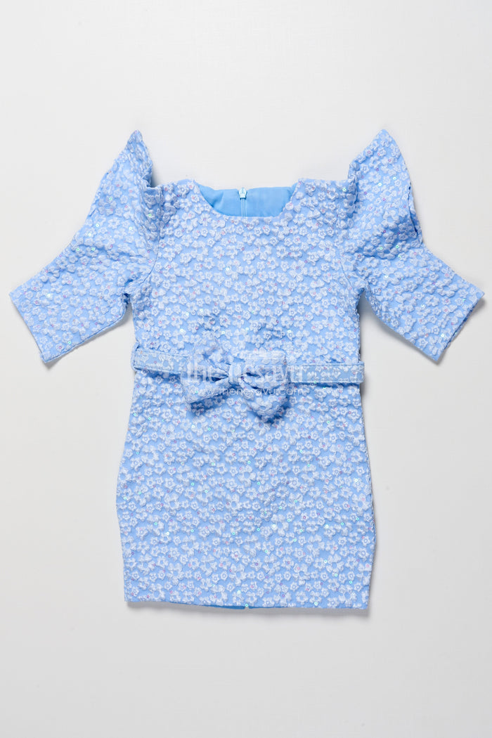The Nesavu Girls Fancy Party Frock Girls Georgette Frock with Floral Design for Birthdays and Parties Nesavu 18 (2Y) / Blue PF277A-18 Nesavu girls georgette party frock floral embossed design birthdays festive occasions