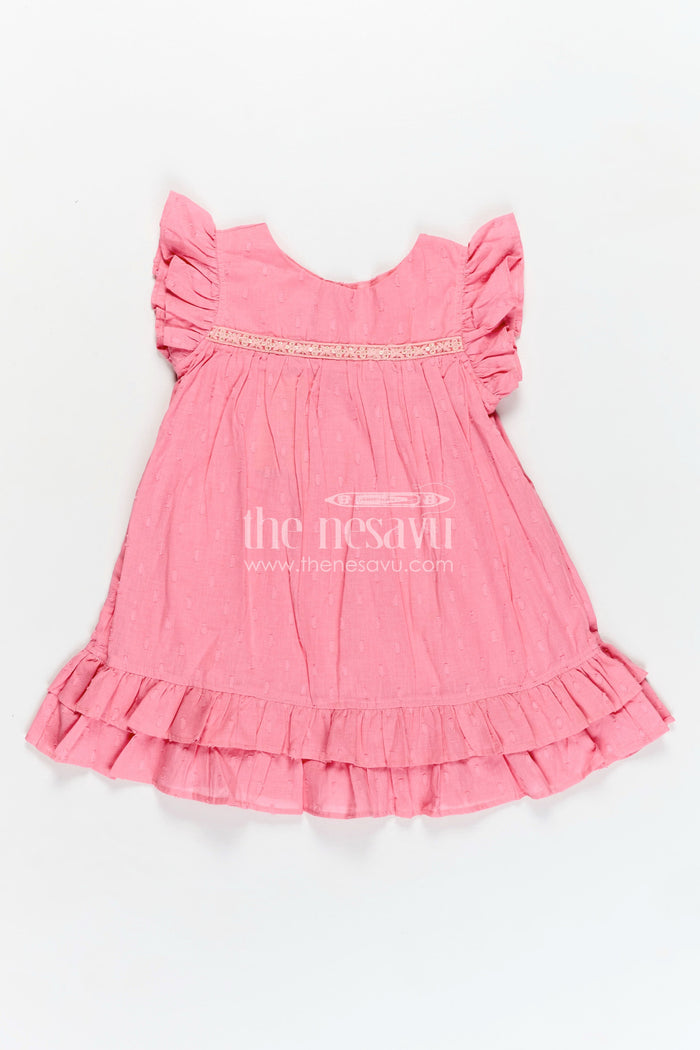 The Nesavu Girls Fancy Frock Girls Georgette Material Frock in Solid Pink with Ruffle Sleeves and Flowy Double-Layered Hem Nesavu 18 (2Y) / Pink GFC1766A-18 Nesavu Pink Georgette Material Frock Ruffle Sleeves Double-Layered Flowy Hem Girls