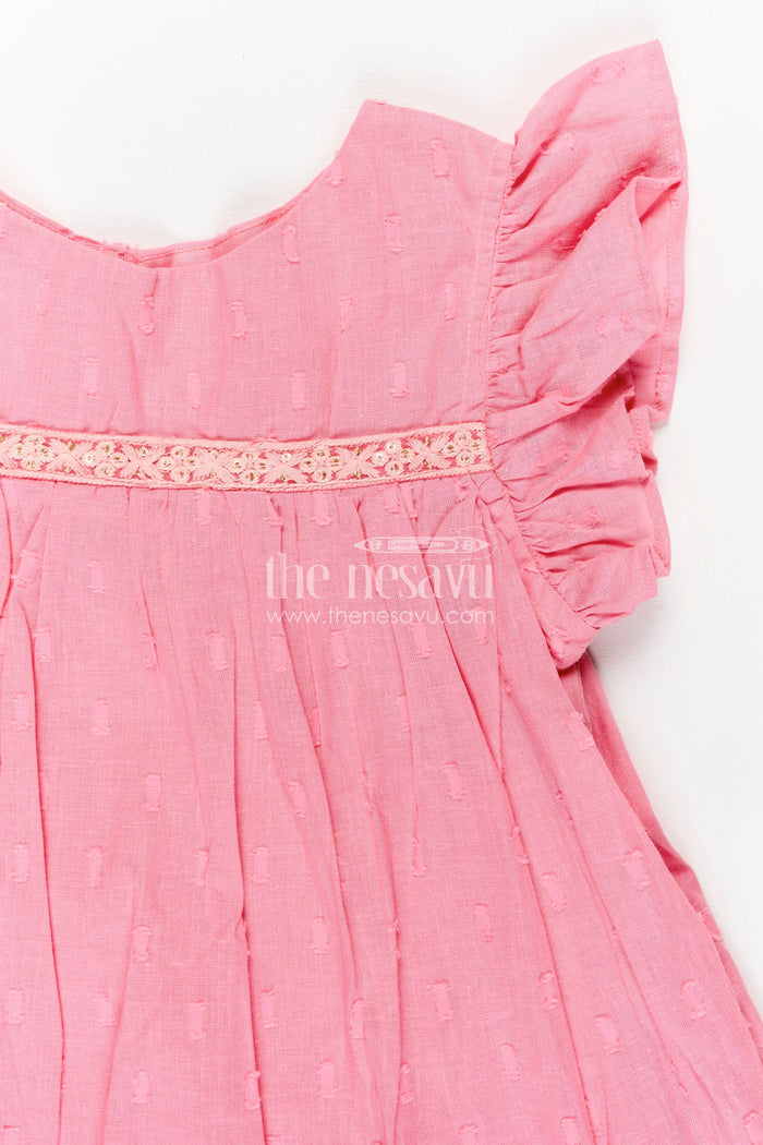 The Nesavu Girls Fancy Frock Girls Georgette Material Frock in Solid Pink with Ruffle Sleeves and Flowy Double-Layered Hem Nesavu Nesavu Pink Georgette Material Frock Ruffle Sleeves Double-Layered Flowy Hem Girls