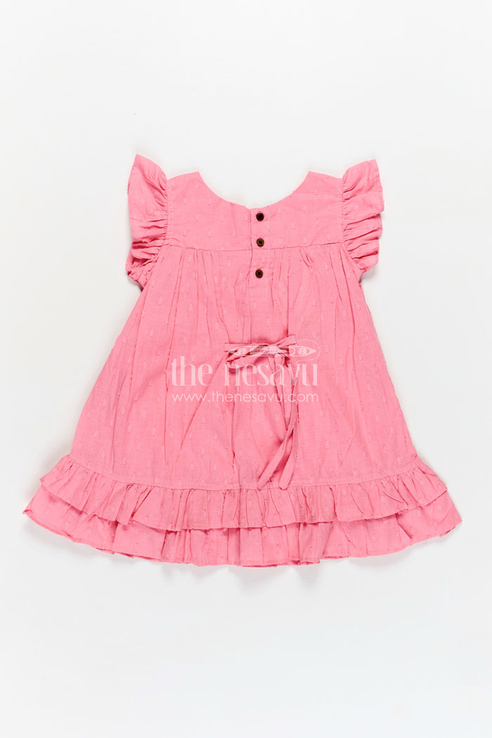 The Nesavu Girls Fancy Frock Girls Georgette Material Frock in Solid Pink with Ruffle Sleeves and Flowy Double-Layered Hem Nesavu Nesavu Pink Georgette Material Frock Ruffle Sleeves Double-Layered Flowy Hem Girls