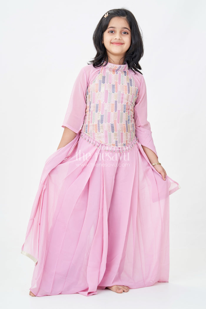 The Nesavu Girls Sharara / Plazo Set Girls Georgette Sharara Suit in Mauve with Embroidered Yoke and Palazzo Pants Set Nesavu Girls Georgette Sharara Suit Mauve Thread Embroidery Yoke Palazzo Dupatta Set | The Nesavu