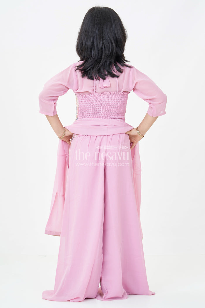 The Nesavu Girls Sharara / Plazo Set Girls Georgette Sharara Suit in Mauve with Embroidered Yoke and Palazzo Pants Set Nesavu Girls Georgette Sharara Suit Mauve Thread Embroidery Yoke Palazzo Dupatta Set | The Nesavu