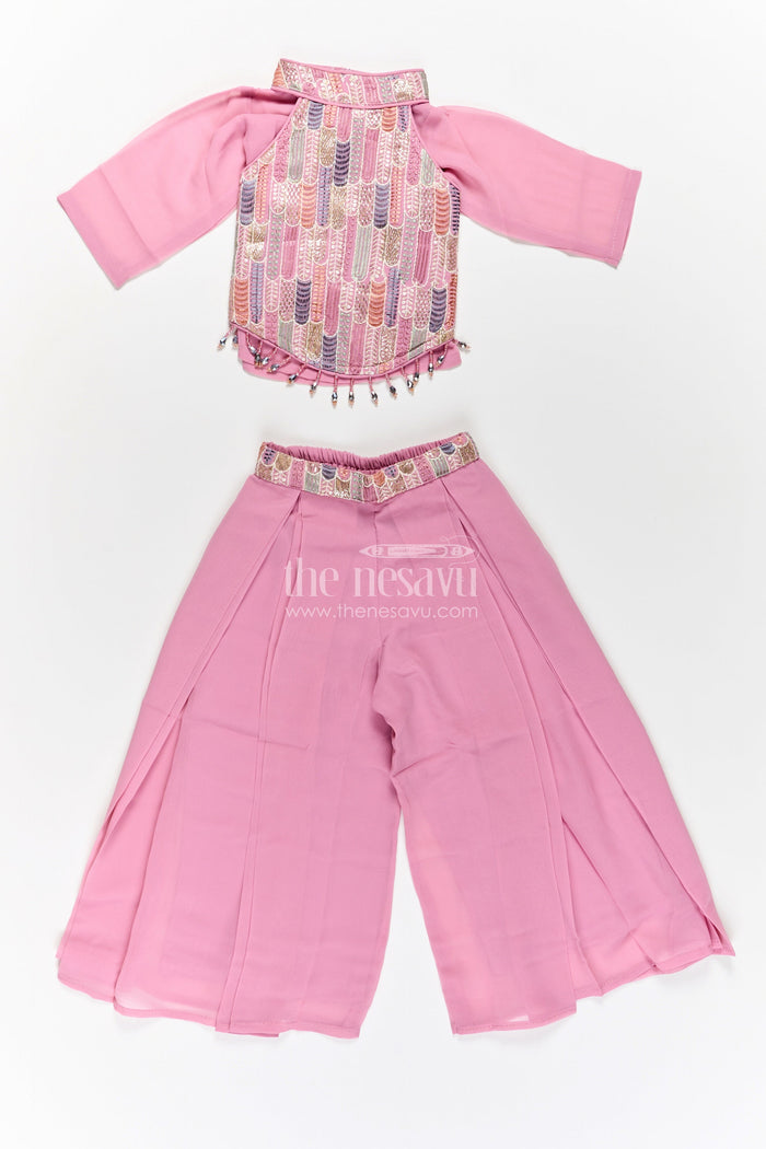 The Nesavu Girls Sharara / Plazo Set Girls Georgette Sharara Suit in Mauve with Embroidered Yoke and Palazzo Pants Set Nesavu Girls Georgette Sharara Suit Mauve Thread Embroidery Yoke Palazzo Dupatta Set | The Nesavu