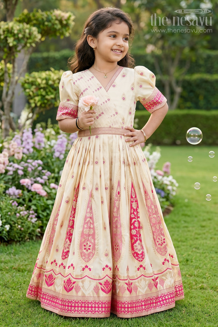 The Nesavu Girls Silk Gown Girls Gold Silk Gown with Banarasi Jacquard Kali Pattern and Puff Sleeves for Grand Occasions Nesavu 18 (2Y) / Cream GA301A-18 Girls Gold Silk Gown Banarasi Jacquard Kali Pattern Elegant Puff Sleeves | The Nesavu