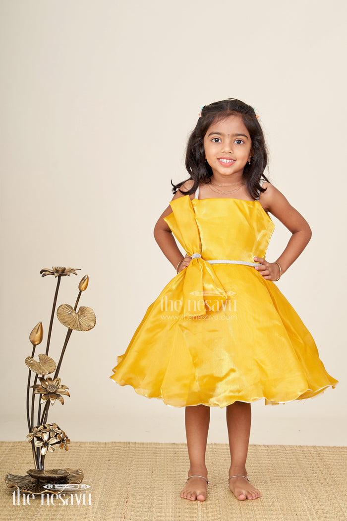 The Nesavu Girls Fancy Party Frock Girls golden satin party frock with bow detail Nesavu 16 (1Y) / Yellow PF271B-16 Nesavu girls golden satin party frock with bow and silver trim festive and elegant