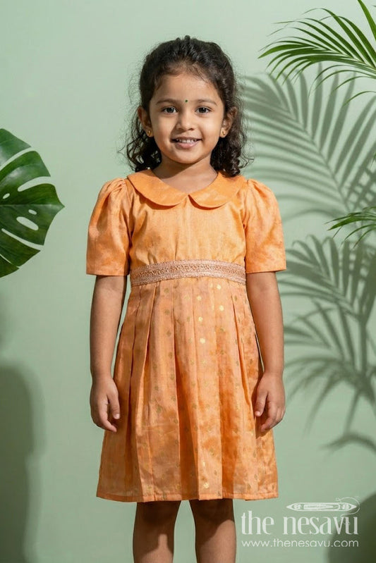 The Nesavu Silk Frock Girls Golden Silk Frock in Raw Silk with Peter Pan Collar and Semi Banarasi Woven Bottom Nesavu 22 (4Y) / Gold SF1024A-22 Nesavu Girls Golden Silk Frock Raw Silk Banarasi Bottom Peter Pan Collar Detail