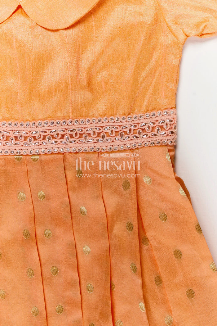 The Nesavu Silk Frock Girls Golden Silk Frock in Raw Silk with Peter Pan Collar and Semi Banarasi Woven Bottom Nesavu Nesavu Girls Golden Silk Frock Raw Silk Banarasi Bottom Peter Pan Collar Detail