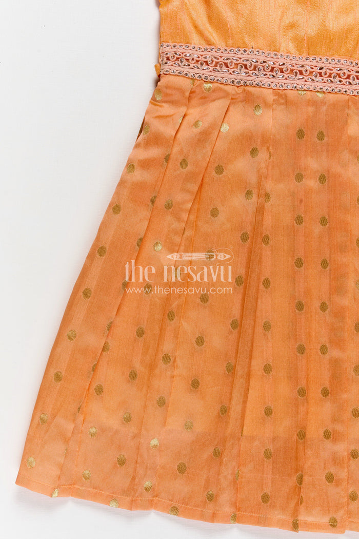 The Nesavu Silk Frock Girls Golden Silk Frock in Raw Silk with Peter Pan Collar and Semi Banarasi Woven Bottom Nesavu Nesavu Girls Golden Silk Frock Raw Silk Banarasi Bottom Peter Pan Collar Detail
