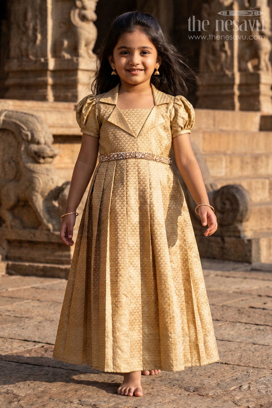 Girls Golden Tissue Silk Anarkali Dress with Puff Sleeves and Beaded Waist Belt