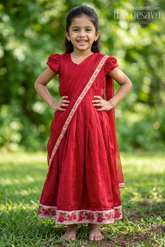 The Nesavu Girls Party Gown Girls Gowns for Weddings in Rich Red Organza with Embroidery Lace and Floral Dupatta Border Nesavu 20 (3Y) / Pink GA310C-20 Girls Red Gown for Weddings in Organza with Floral Embroidered Hem and Lace Dupatta | The Nesavu