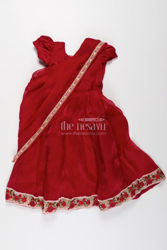The Nesavu Girls Party Gown Girls Gowns for Weddings in Rich Red Organza with Embroidery Lace and Floral Dupatta Border Nesavu 20 (3Y) / Pink GA310C-20 Girls Red Gown for Weddings in Organza with Floral Embroidered Hem and Lace Dupatta | The Nesavu
