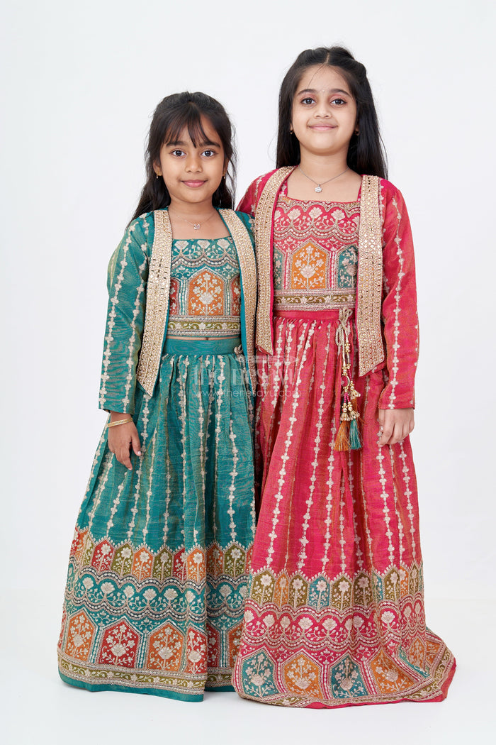 The Nesavu Girls Lehenga Choli Girls Green 10 Sal Ki Bacchi Ka Lehenga with Viscose Tissue Silk and Designer Embroidery Nesavu Nesavu Girls Green Lehenga Choli 10 Year Old Tissue Silk Jacket Designer Embroidery