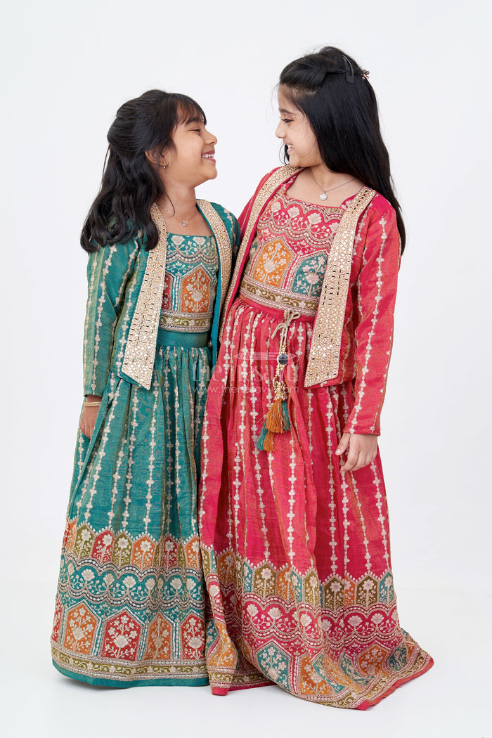 The Nesavu Girls Lehenga Choli Girls Green 10 Sal Ki Bacchi Ka Lehenga with Viscose Tissue Silk and Designer Embroidery Nesavu Nesavu Girls Green Lehenga Choli 10 Year Old Tissue Silk Jacket Designer Embroidery