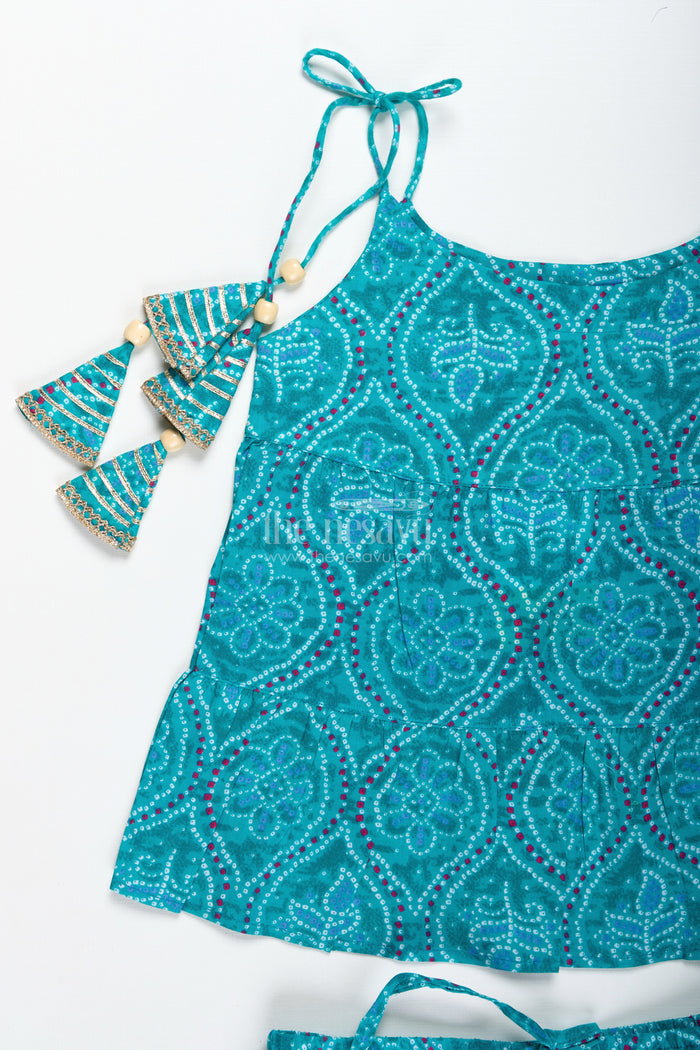 The Nesavu Girls Casual Set Girls Green Casual Cotton Sharara Set for Everyday Ethnic Comfort Nesavu Nesavu Girls Green Cotton Sharara Set Printed Halter Top Ethnic Casual Wear
