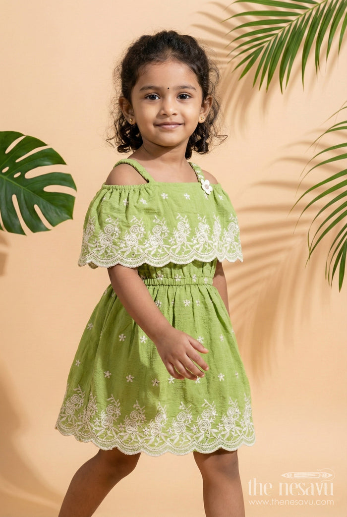 The Nesavu Girls Cotton Frock Girls Green Cotton Frock with Embroidery for Birthdays and Festive Wear Nesavu 18 (2Y) / Green GFC1976B-18 Nesavu girls green cotton frock thread embroidery festive occasions birthdays