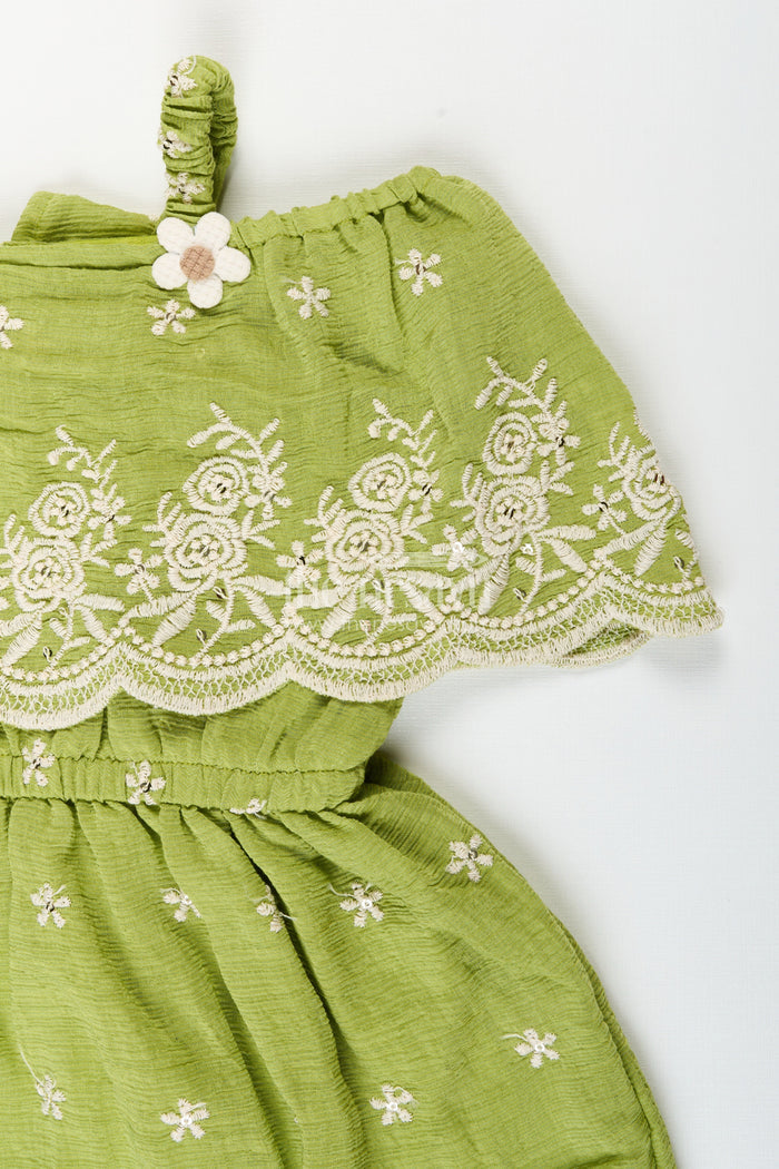 The Nesavu Girls Cotton Frock Girls Green Cotton Frock with Embroidery for Birthdays and Festive Wear Nesavu Nesavu girls green cotton frock thread embroidery festive occasions birthdays