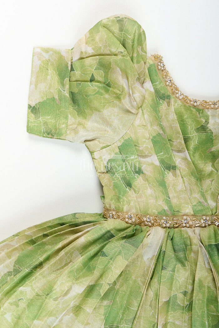 The Nesavu Girls Fancy Frock Girls green floral digital print fancy frock Nesavu Nesavu girls green floral digital print viscose silk frock puff sleeve fancy dress