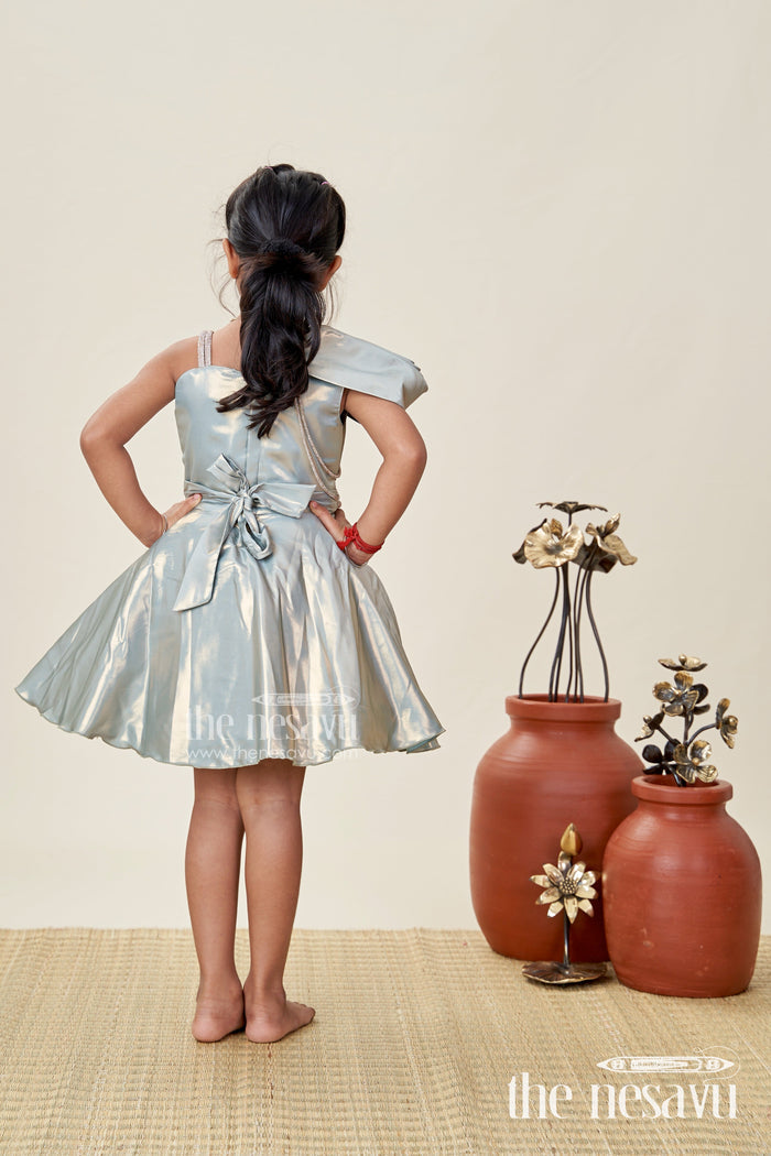 The Nesavu Girls Fancy Party Frock Girls Green Party Frock in Glaze Organza with Shimmer Finish Nesavu Nesavu Green Organza Party Frock Girls One-Shoulder Shimmer Dress Birthdays Events