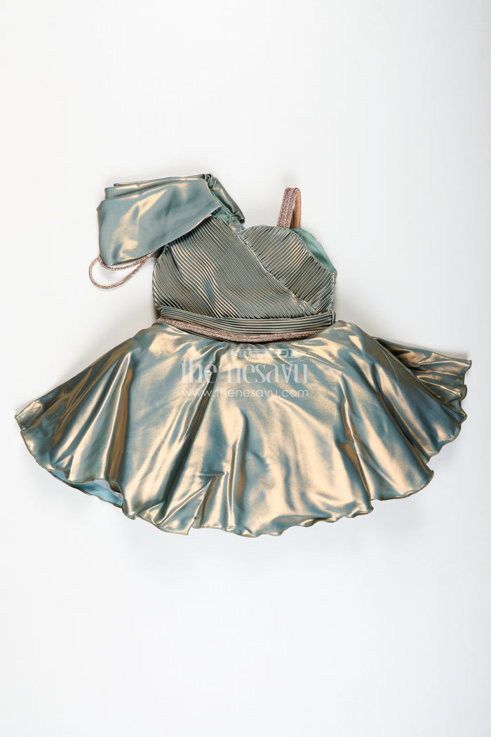 The Nesavu Girls Fancy Party Frock Girls Green Party Frock In Glaze Organza With Shimmer Finish Nesavu Nesavu Green Organza Party Frock Girls One-Shoulder Shimmer Dress Birthdays Events