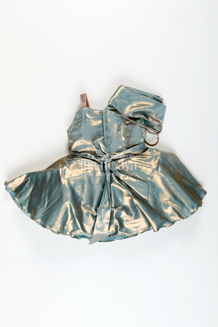 The Nesavu Girls Fancy Party Frock Girls Green Party Frock In Glaze Organza With Shimmer Finish Nesavu Nesavu Green Organza Party Frock Girls One-Shoulder Shimmer Dress Birthdays Events