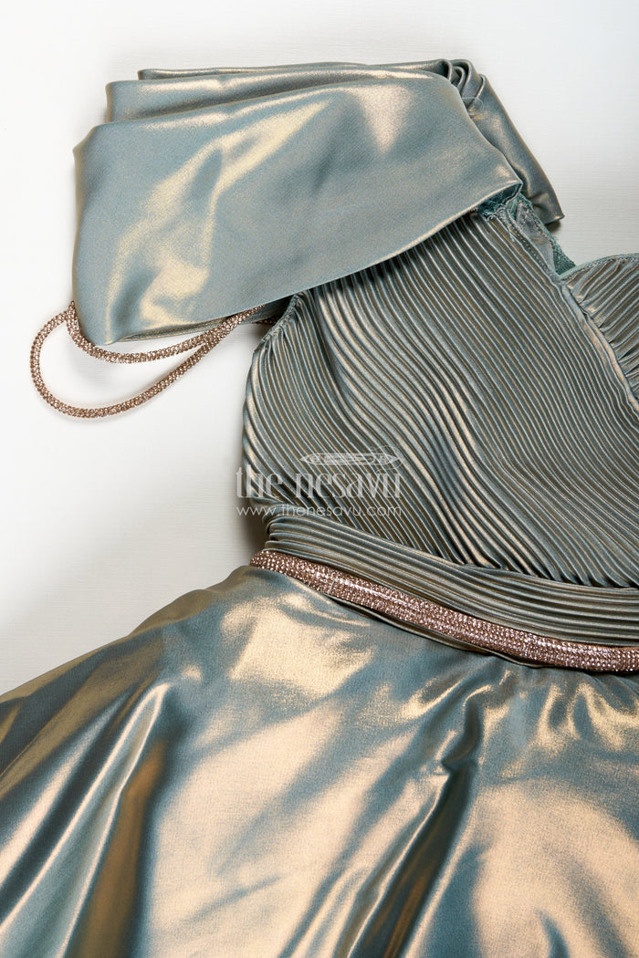 The Nesavu Girls Fancy Party Frock Girls Green Party Frock In Glaze Organza With Shimmer Finish Nesavu Nesavu Green Organza Party Frock Girls One-Shoulder Shimmer Dress Birthdays Events