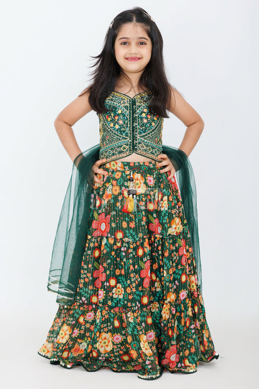 The Nesavu Girls Lehenga Choli Girls Green Pure Georgette Lehenga Choli with Floral Embroidery and Sheer Dupatta Nesavu 16 (1Y) / Green GL522A-16 Nesavu Girls Green Georgette Lehenga Choli Floral Embroidery Sheer Net Dupatta Festive Occasions