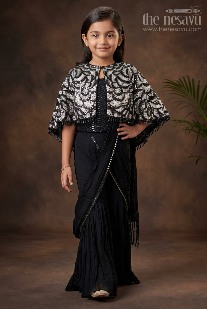The Nesavu Girls Sharara / Plazo Set Girls Indo Western Sharara Set with Sequin Cape and Crop Top Nesavu 24 (5Y) / Black GPS729A-24 Nesavu Black Cape Style Sharara Set Girls Sequin Crop Top Flared Pants