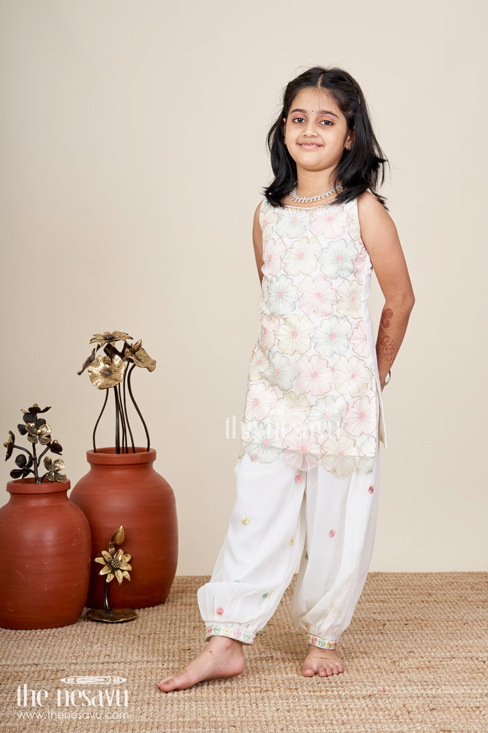 The Nesavu Girls Sharara / Plazo Set Girls Ivory Floral Sharara Set with Pastel Thread Embroidery Nesavu Nesavu Ivory Floral Sharara Set Pastel Embroidery Girls Festive Occasions