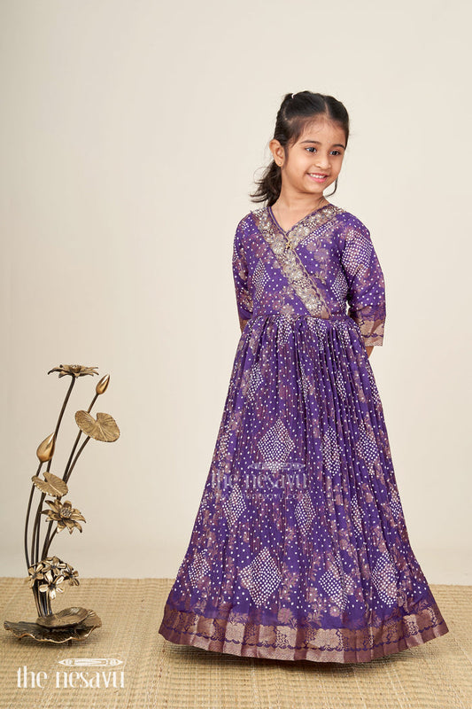The Nesavu Girls Party Gown Girls jacquard party gown with full sleeves for traditional occasions Nesavu 24 (5Y) / Purple GA374A-24 Nesavu girls georgette jacquard party gown floral prints full sleeves festive wear