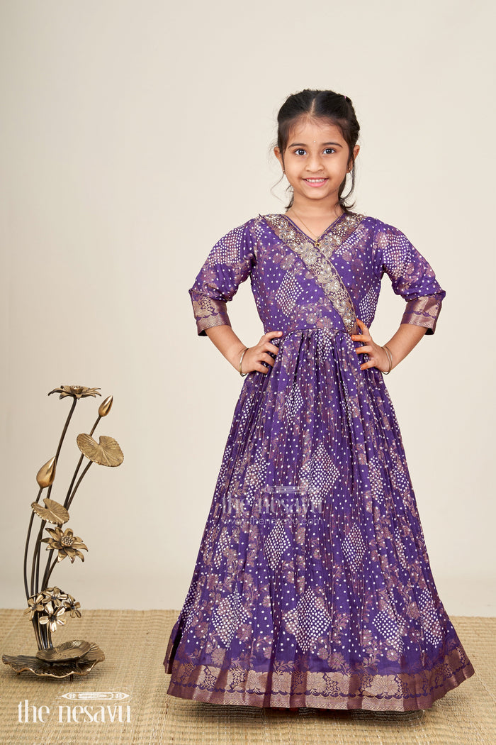 The Nesavu Girls Party Gown Girls jacquard party gown with full sleeves for traditional occasions Nesavu Nesavu girls georgette jacquard party gown floral prints full sleeves festive wear