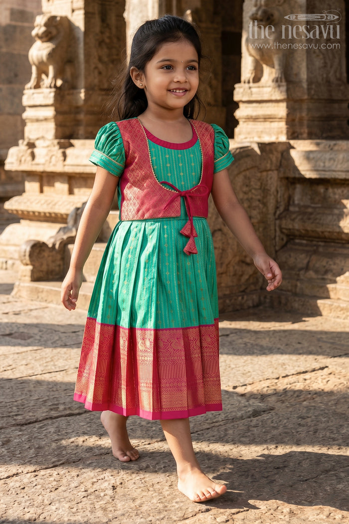The Nesavu Girls Kanchi Silk Frock Girls Kanchivaram Silk Design Frock with Puff Sleeves Green Body and Maroon Zari Border Overlay Nesavu Nesavu Girls Kanchivaram Silk Design Frock Puff Sleeves Traditional Maroon Green Color Blend
