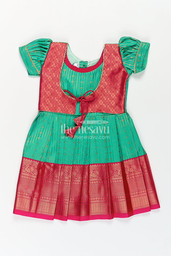 The Nesavu Girls Kanchi Silk Frock Girls Kanchivaram Silk Design Frock with Puff Sleeves Green Body and Maroon Zari Border Overlay Nesavu 16 (1Y) / Green / Style 1 SF822AA-16 Nesavu Girls Kanchivaram Silk Design Frock Puff Sleeves Traditional Maroon Green Color Blend