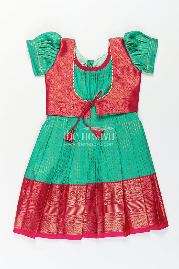 The Nesavu Girls Kanchi Silk Frock Girls Kanchivaram Silk Design Frock with Puff Sleeves Green Body and Maroon Zari Border Overlay Nesavu 16 (1Y) / Green / Style 2 SF822AB-16 Nesavu Girls Kanchivaram Silk Design Frock Puff Sleeves Traditional Maroon Green Color Blend