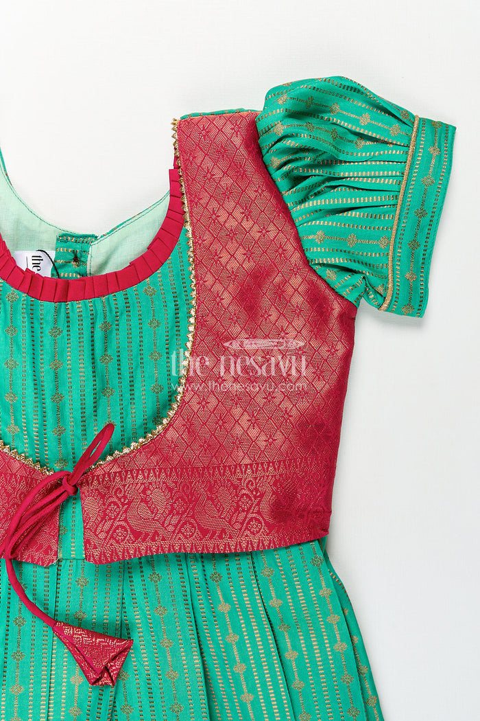 The Nesavu Girls Kanchi Silk Frock Girls Kanchivaram Silk Design Frock with Puff Sleeves Green Body and Maroon Zari Border Overlay Nesavu Nesavu Girls Kanchivaram Silk Design Frock Puff Sleeves Traditional Maroon Green Color Blend