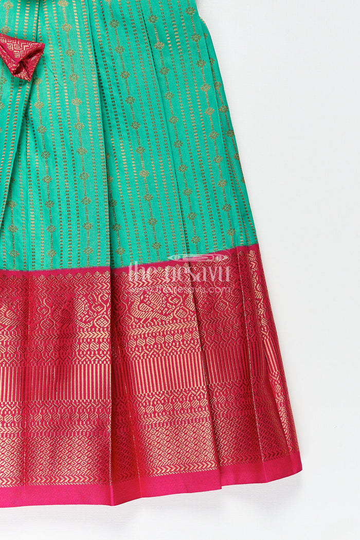 The Nesavu Girls Kanchi Silk Frock Girls Kanchivaram Silk Design Frock with Puff Sleeves Green Body and Maroon Zari Border Overlay Nesavu Nesavu Girls Kanchivaram Silk Design Frock Puff Sleeves Traditional Maroon Green Color Blend