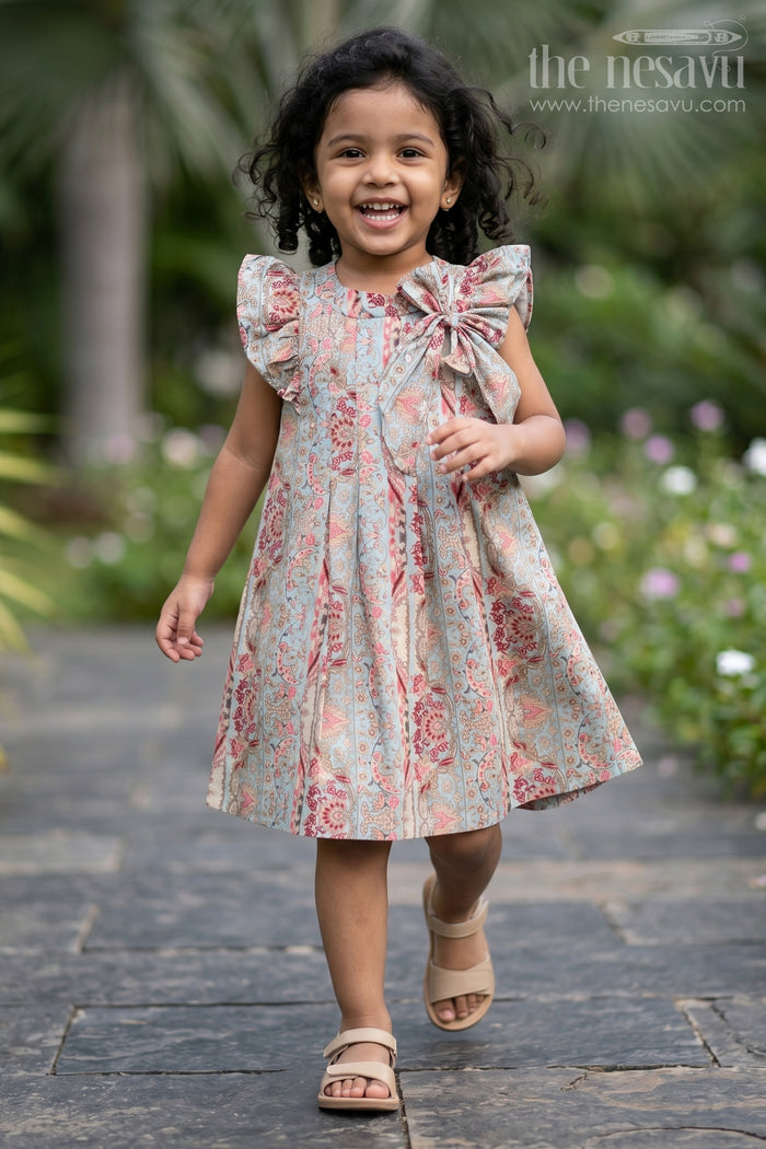 The Nesavu Girls Cotton Frock Girls Latest Frock in Muslin Silk with Intricate Print and Decorative Bow Nesavu 16 (1Y) / Blue GFC1605A-16 Girls Latest Frock Muslin Silk Intricate Print Decorative Bow | The Nesavu