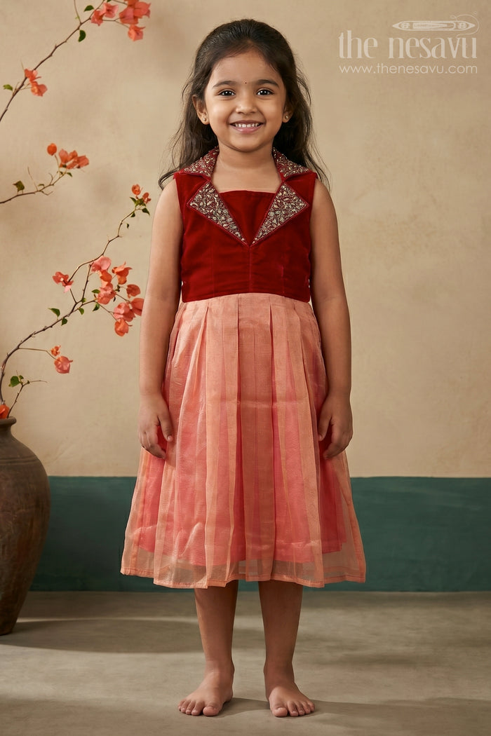 The Nesavu Silk Frock Girls Latest Frocks in Velvet with Kundan Collar and Tissue Flared Skirt for Stylish Party Wear Nesavu 16 (1Y) / Maroon SF987A-16 Girls Latest Frocks Velvet Kundan Work Collar Pleated Tissue Skirt | The Nesavu