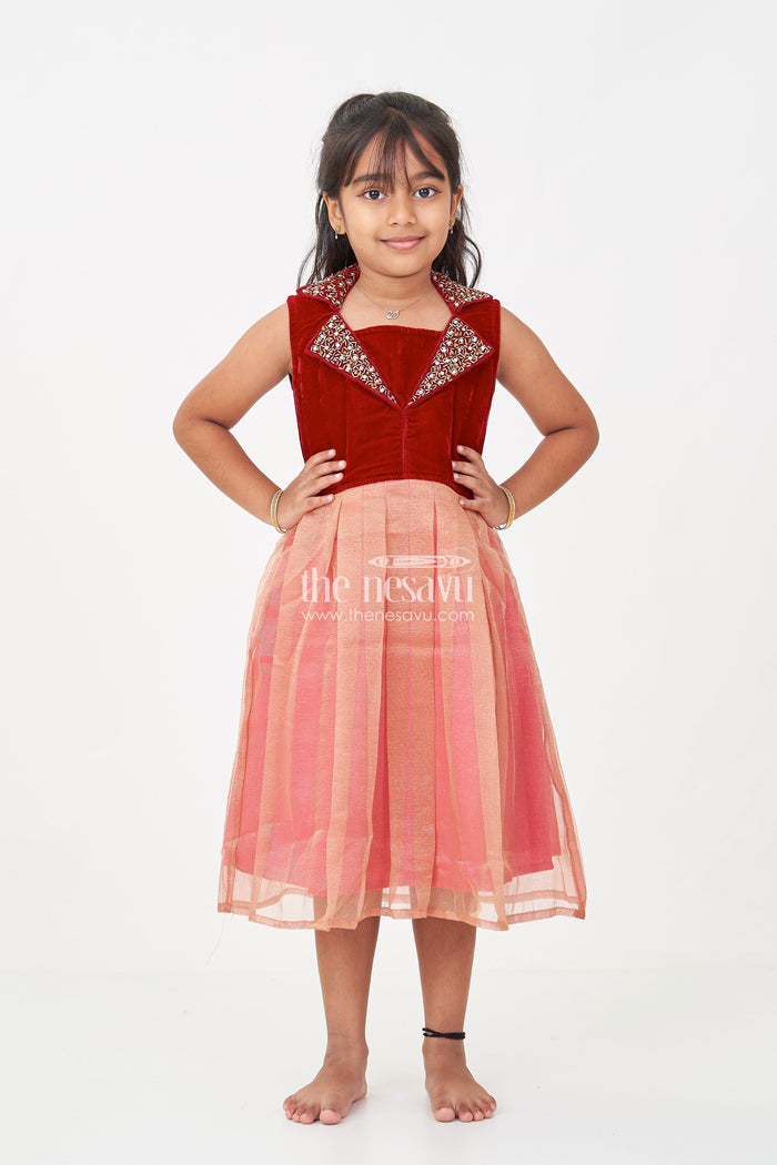 The Nesavu Silk Frock Girls Latest Frocks in Velvet with Kundan Collar and Tissue Flared Skirt for Stylish Party Wear Nesavu 16 (1Y) / Maroon SF987A-16 Nesavu Girls Latest Frocks Velvet Kundan Work Collar Pleated Tissue Skirt