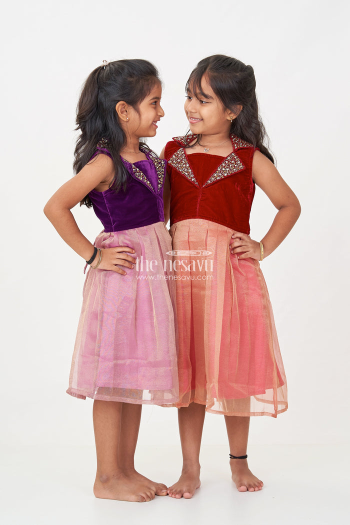 The Nesavu Silk Frock Girls Latest Frocks in Velvet with Kundan Collar and Tissue Flared Skirt for Stylish Party Wear Nesavu Nesavu Girls Latest Frocks Velvet Kundan Work Collar Pleated Tissue Skirt