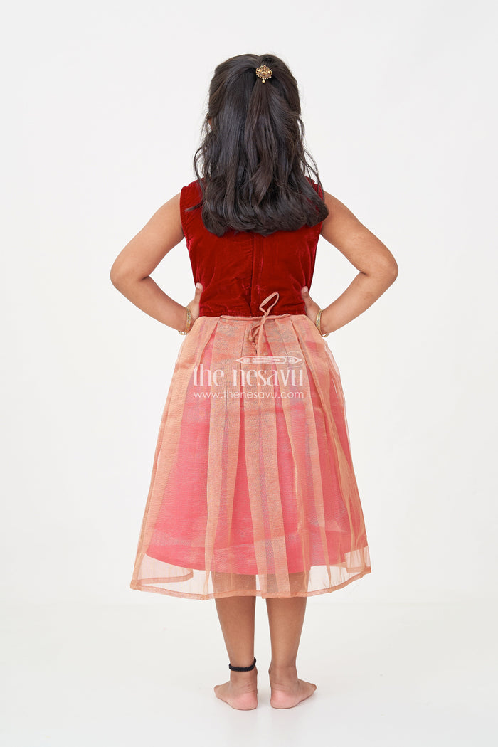 The Nesavu Silk Frock Girls Latest Frocks in Velvet with Kundan Collar and Tissue Flared Skirt for Stylish Party Wear Nesavu Nesavu Girls Latest Frocks Velvet Kundan Work Collar Pleated Tissue Skirt