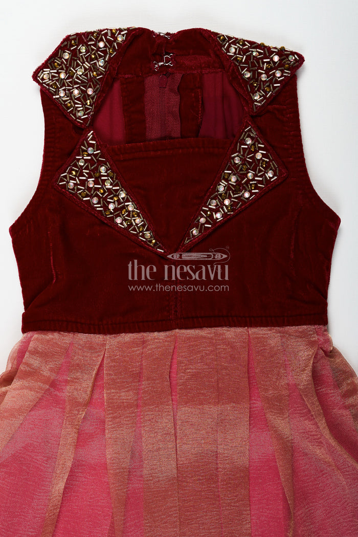 The Nesavu Silk Frock Girls Latest Frocks in Velvet with Kundan Collar and Tissue Flared Skirt for Stylish Party Wear Nesavu Nesavu Girls Latest Frocks Velvet Kundan Work Collar Pleated Tissue Skirt