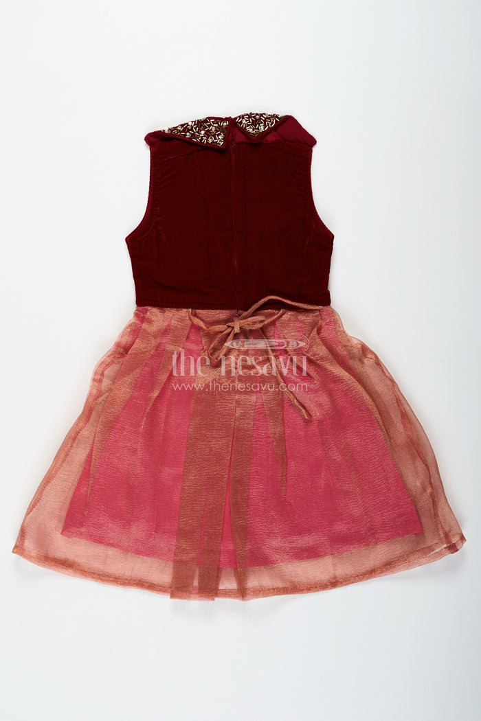 The Nesavu Silk Frock Girls Latest Frocks in Velvet with Kundan Collar and Tissue Flared Skirt for Stylish Party Wear Nesavu Nesavu Girls Latest Frocks Velvet Kundan Work Collar Pleated Tissue Skirt