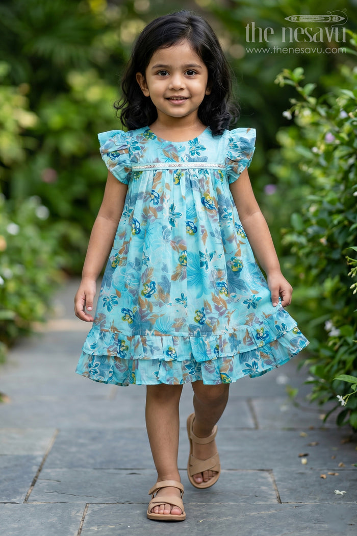 The Nesavu Girls Fancy Frock Girls Latest New Design Frock in Aqua Rayon with Floral Digital Print and Flowy Ruffle Details Nesavu 18 (2Y) / Blue GFC1764A-18 Nesavu Girls Latest New Design Frock Aqua Rayon Floral Print Ruffle Hem