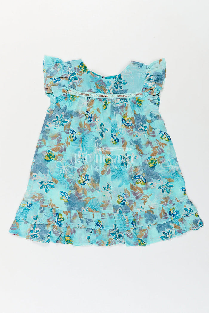 The Nesavu Girls Fancy Frock Girls Latest New Design Frock in Aqua Rayon with Floral Digital Print and Flowy Ruffle Details Nesavu 18 (2Y) / Blue GFC1764A-18 Nesavu Girls Latest New Design Frock Aqua Rayon Floral Print Ruffle Hem