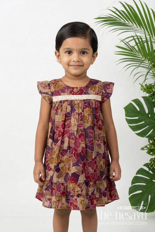 The Nesavu Girls Fancy Frock Girls Latest New Frock Design in Maroon Modal Silk with Floral Digital Print and Embellished Yoke Nesavu 18 (2Y) / Purple GFC1768A-18 Nesavu Girls Latest New Frock Design Modal Silk Floral Digital Print Lace Yoke