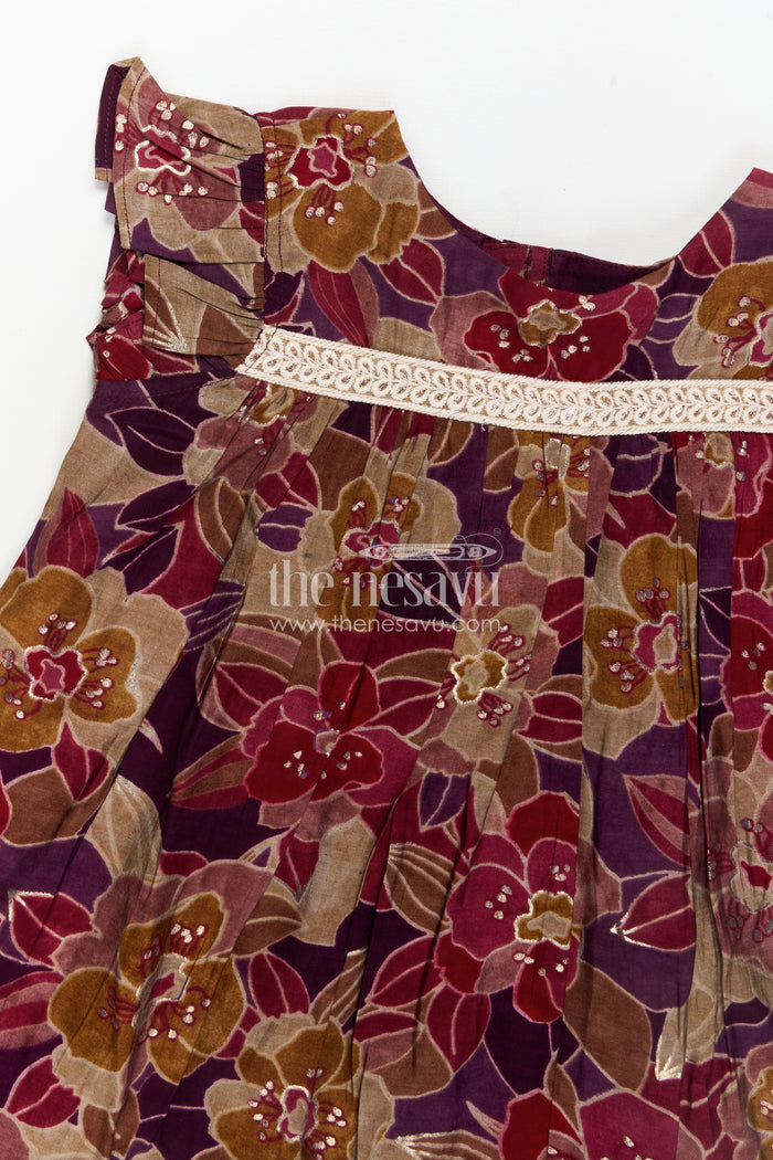 The Nesavu Girls Fancy Frock Girls Latest New Frock Design in Maroon Modal Silk with Floral Digital Print and Embellished Yoke Nesavu Nesavu Girls Latest New Frock Design Modal Silk Floral Digital Print Lace Yoke
